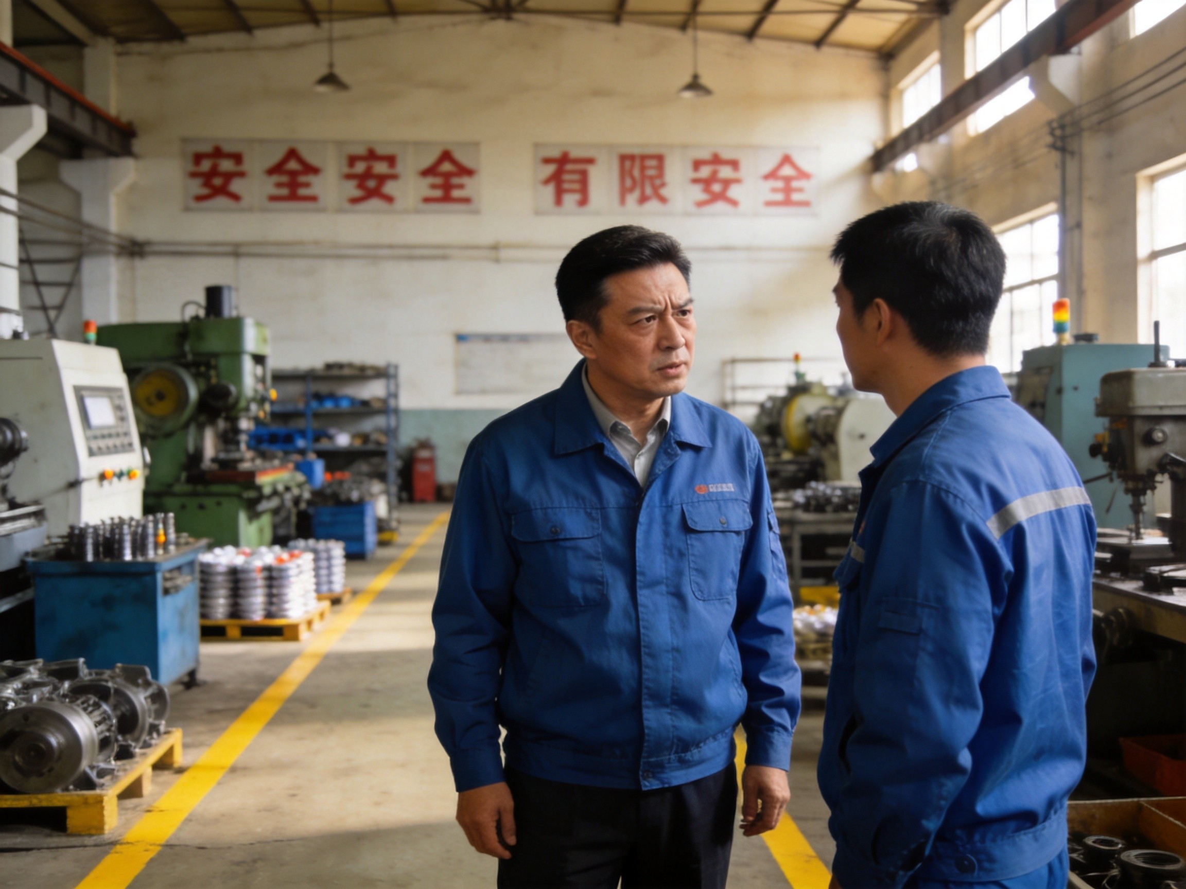 工厂车间主任和工人谈话