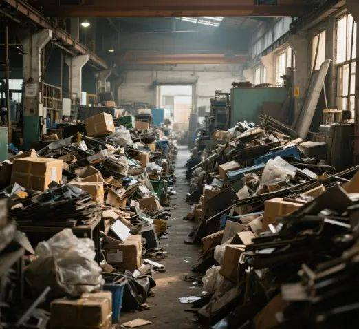 车间角落堆放杂乱的工具和物料,与5S标准形成对比