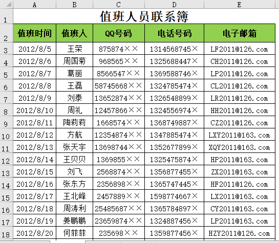 值班人员联系薄
