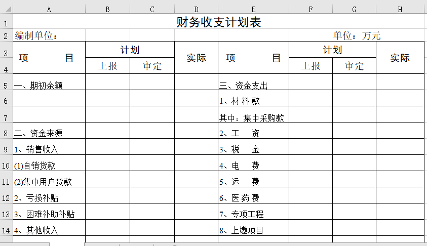 财务收支计划表