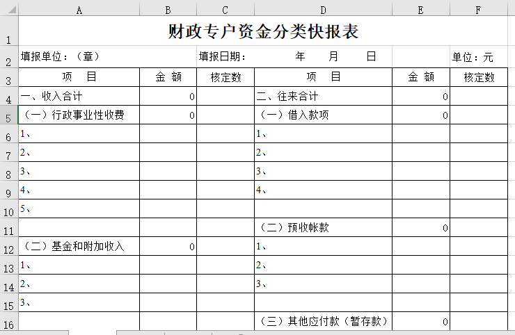 财政专户资金分类快报表