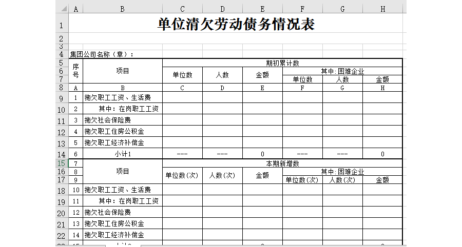 单位清欠劳动债务情况表
