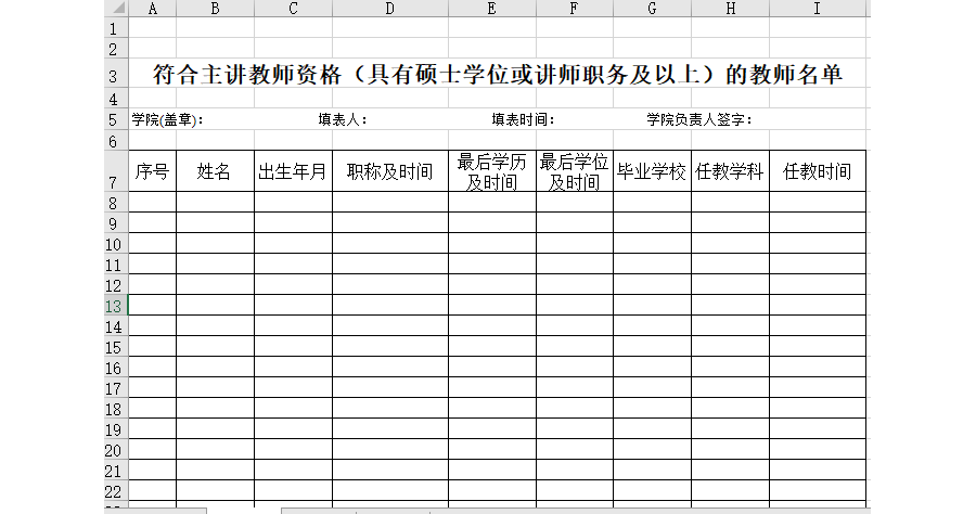符合主讲教师资格（具有硕士或讲师）的教师名册
