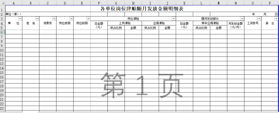 各单位岗位津贴随月发放金额明细表1