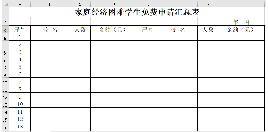 家庭经济困难学生免费申请汇总表